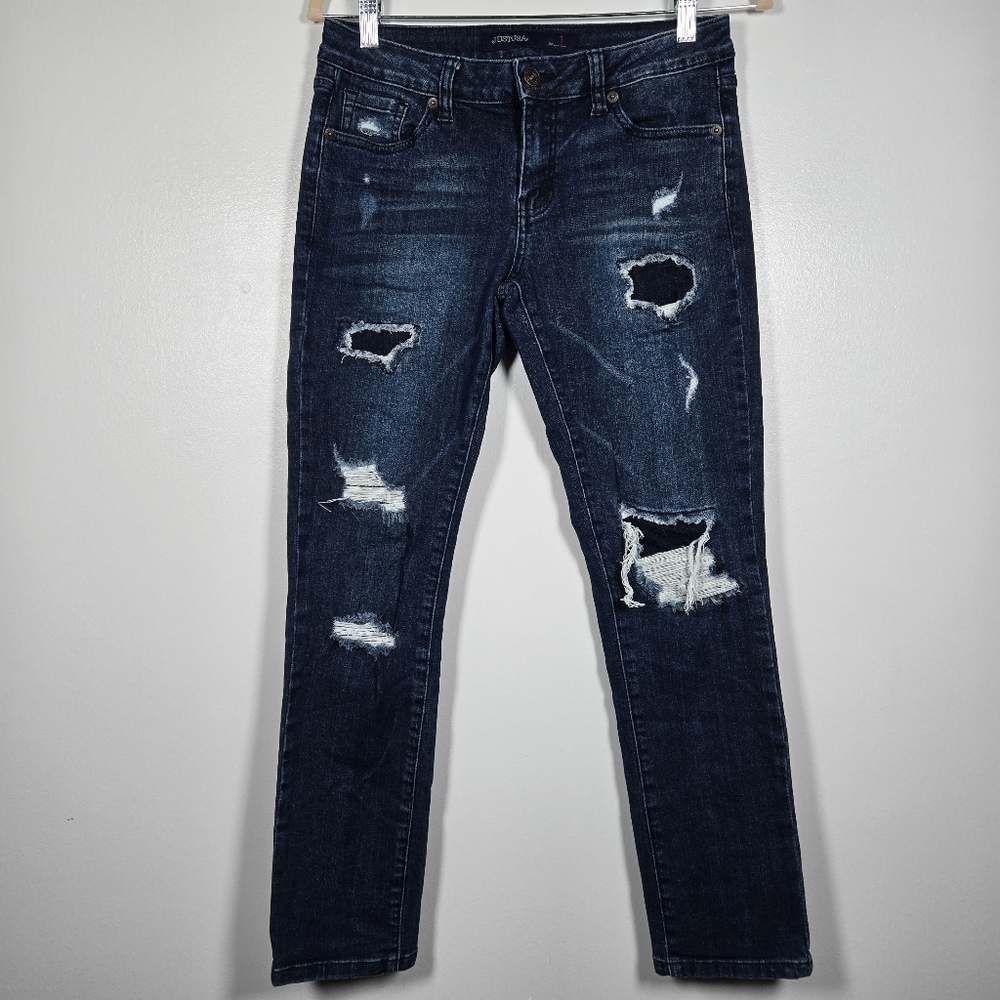 Just USA Distressed Dark Wash Denim Blue Jeans Juniors Size 1
